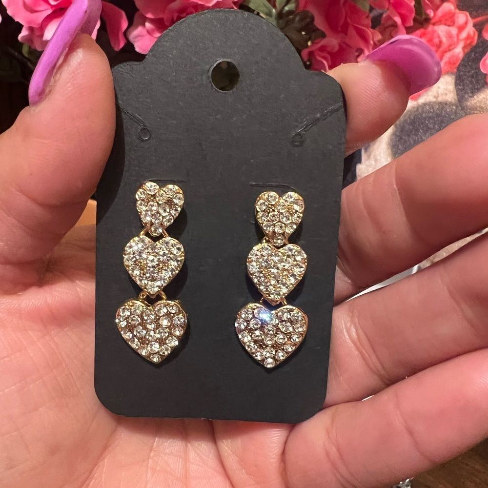 Vintage Tara Triple Hearts And Rhinestone Earrings